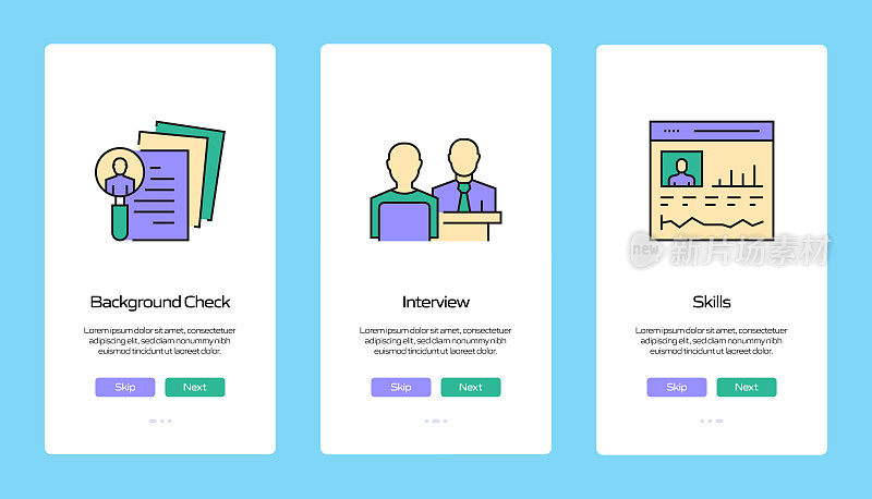 工作和简历概念在移动应用程序页面屏幕上的扁平图标。用户体验，UI设计模板矢量插图