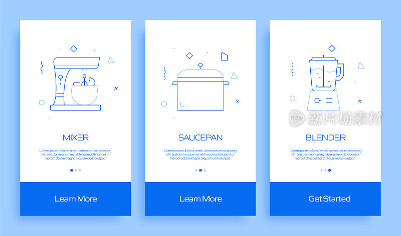 在移动应用页面上使用扁平图标的烹饪概念。用户体验，UI设计模板矢量插图