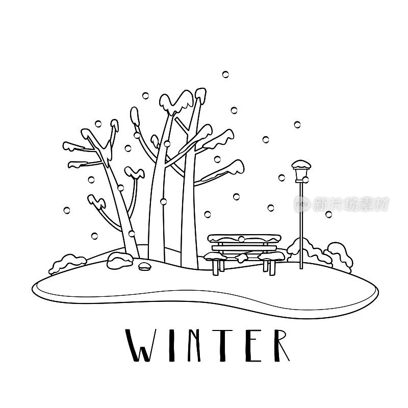 黑色和白色矢量插图的孩子的活动涂色书页与冬天的图片。