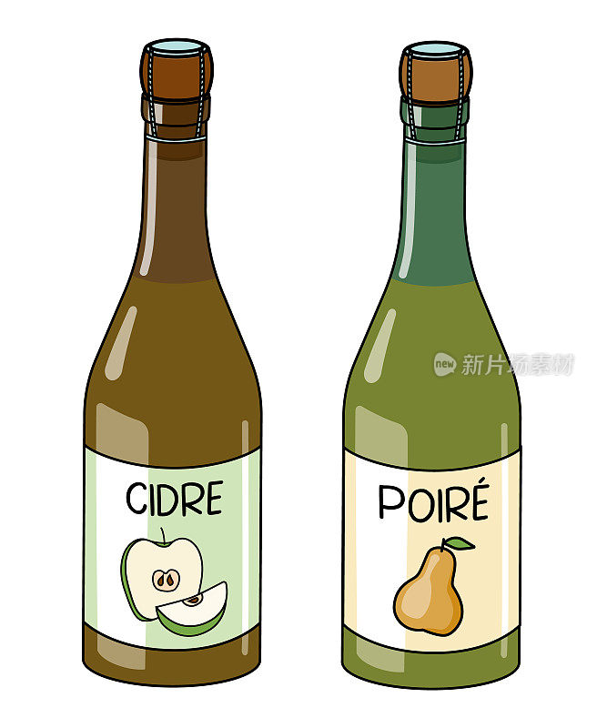 几瓶法国苹果酒。用苹果和梨制成的酒精饮料。涂鸦卡通潮人风格矢量插图孤立在白色背景。用于派对卡片，酒精烹饪书食谱