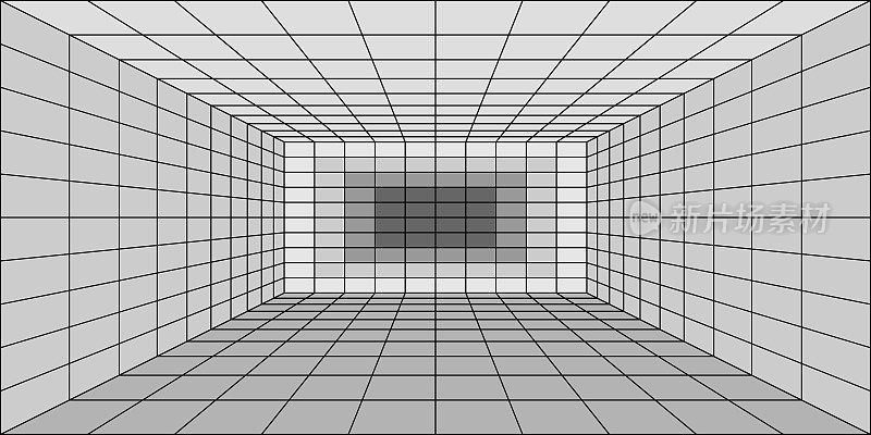 三维房间角落与透视网格。室内线框线条，虚拟现实背景，技术设计，墙和地砖网格与一点透视视图。矢量图