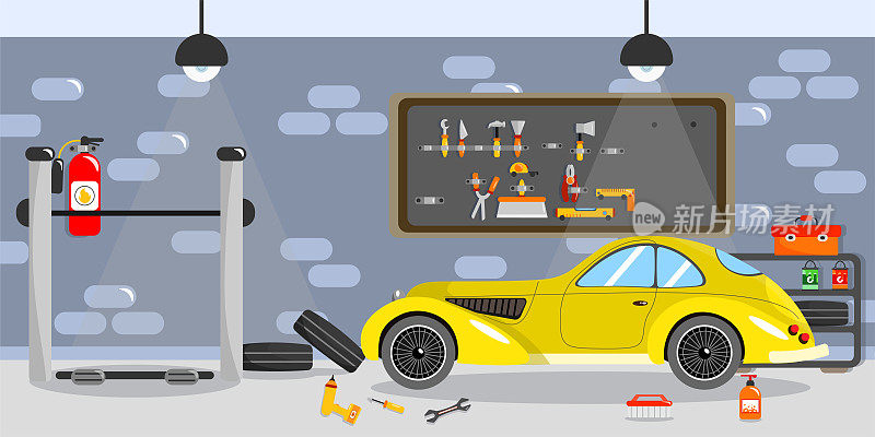 矢量插图的一个美丽的车库汽车服务。卡通车库，工具板，灭火器，汽车轮胎，黄色汽车和电梯。