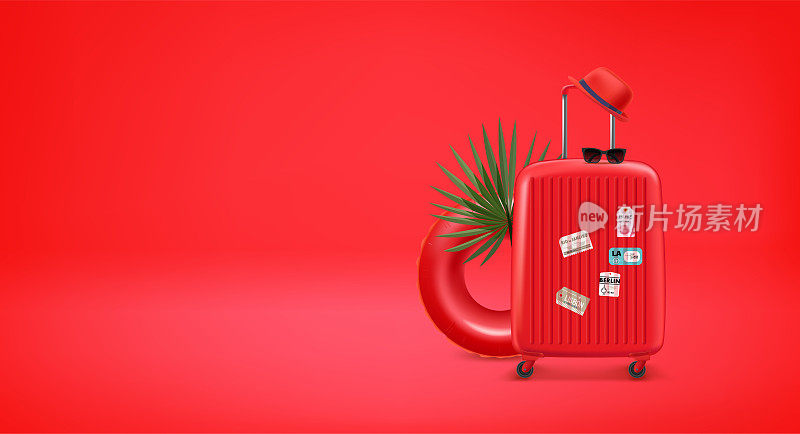 带有邮票和红色漂浮物的红色旅行手提箱，太阳镜和红色帽子。3d矢量横幅与复制空间