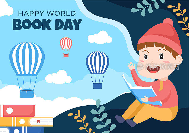 世界图书日平面卡通背景插图与儿童。堆叠的书籍阅读，增加洞察力和知识适合壁纸或海报