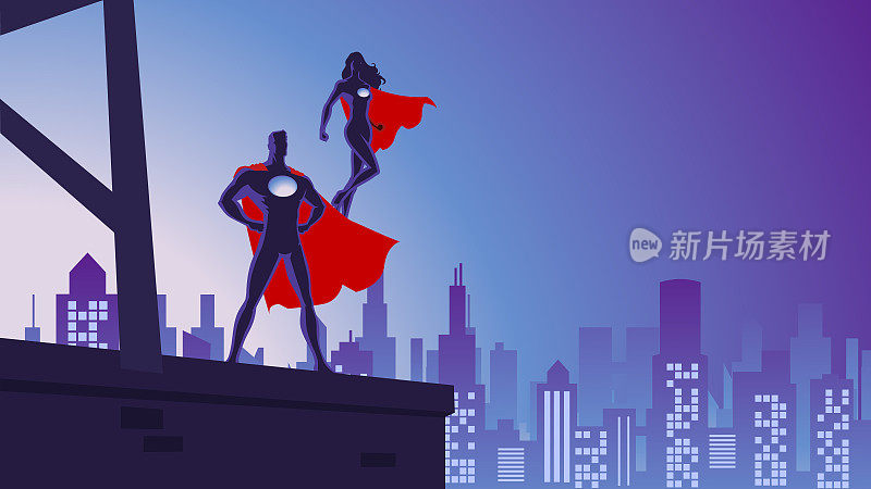 矢量超级英雄二人组在城市夜市插图