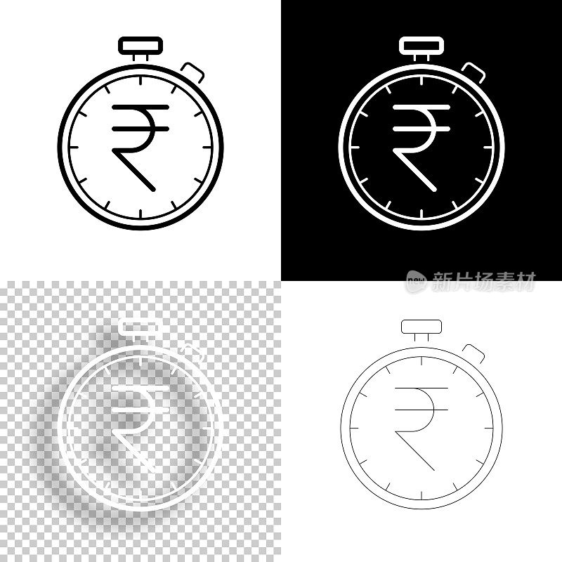 带有印度卢比标志的秒表。图标设计。空白，白色和黑色背景-线图标