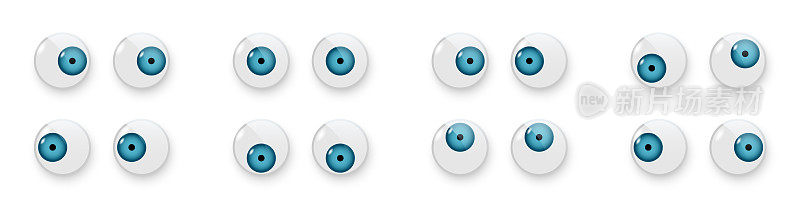 玩具眼睛设置矢量插图。摇摇晃晃的塑料打开的蓝色眼球娃娃向上，向下，左，右，疯狂的圆形部分与黑色瞳孔集合孤立在白色背景上