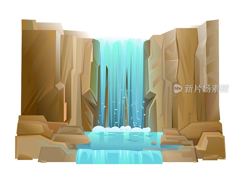岩石瀑布。很酷的卡通风格。级联向下闪闪发光。水的流动。野生的地方。对象孤立在白色背景上。向量