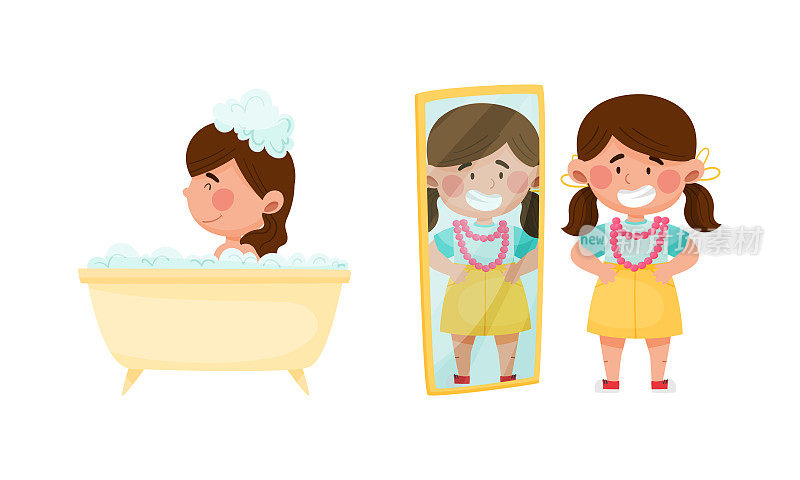 可爱的女孩日常日常活动设置。孩子洗澡在浴缸和得到打扮卡通矢量插图