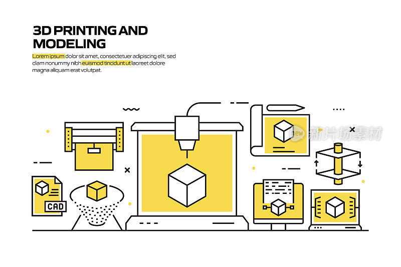 3D打印和建模概念，线风格矢量插图