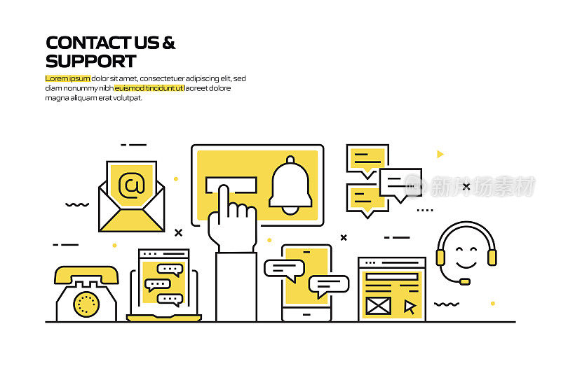 联系我们和支持概念，线风格矢量插图