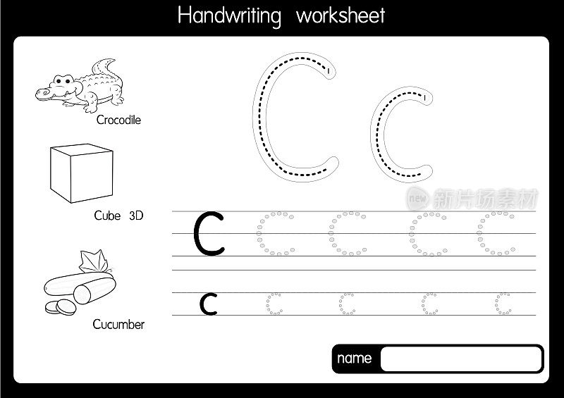 黑白矢量插图，用字母C大写字母或大写字母为儿童学习练习ABC