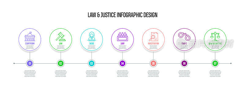法律和正义概念矢量线信息图形设计图标。7选项或步骤的介绍，横幅，工作流程布局，流程图等。
