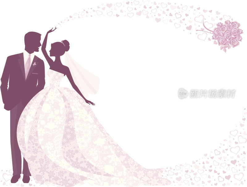 新娘和新郎剪影紫色与玫瑰花束