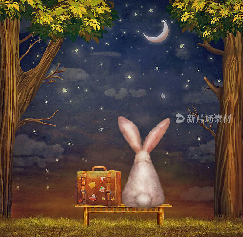 伤心的兔子带着提箱坐在森林里的长椅上