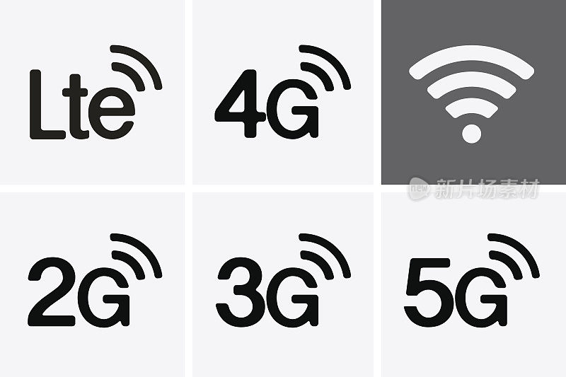 LTE、2G、3G、4G和5G技术图标符号