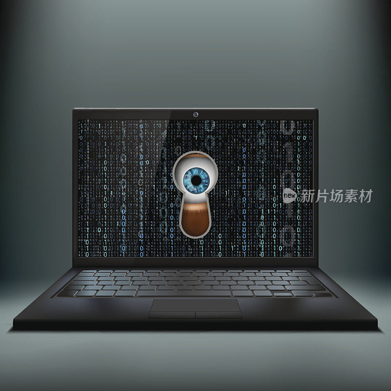 钥匙孔里有只眼睛和一台笔记本电脑。网络犯罪。