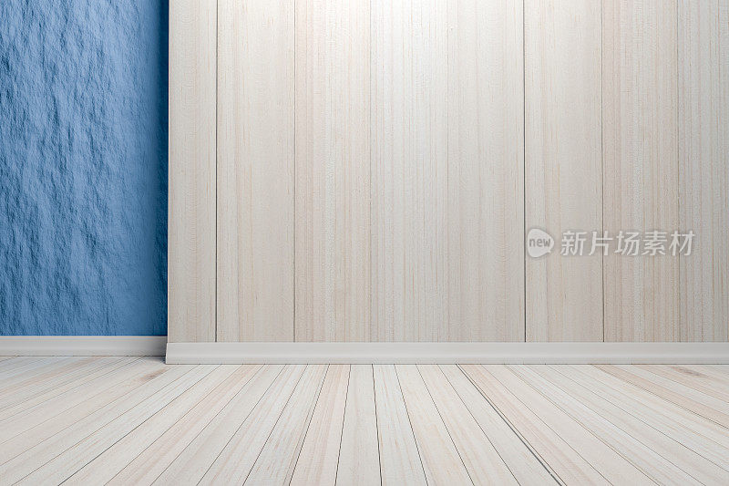 空的室内浅蓝色房间，木地板。