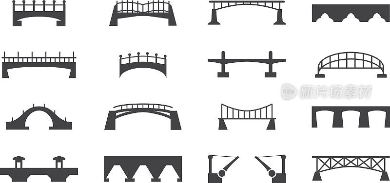 向量黑色桥梁图标孤立在白色城市建筑剪影