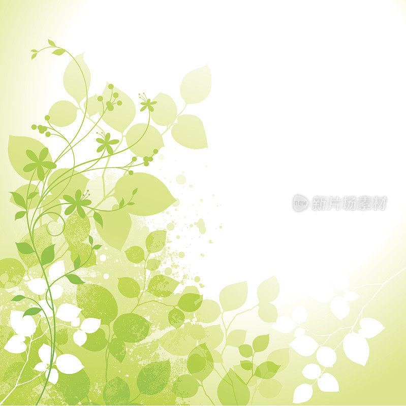 明亮的绿色春天设计与树叶和花朵