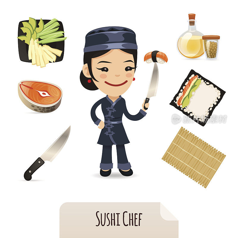 女寿司厨师图标集