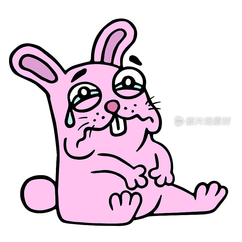 可爱伤心的粉红兔子正坐在那里流泪。矢量插图。