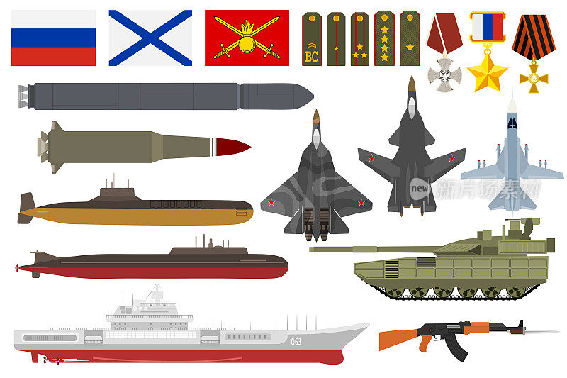 俄罗斯军队军用矢量装甲航空飞机与武器武装潜艇舰和设置肩带或勋章、旗帜插图孤立在白色背景