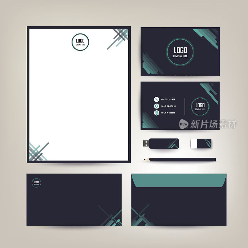 企业标识模板设计用黑色和绿色两种颜色商务套装文具
