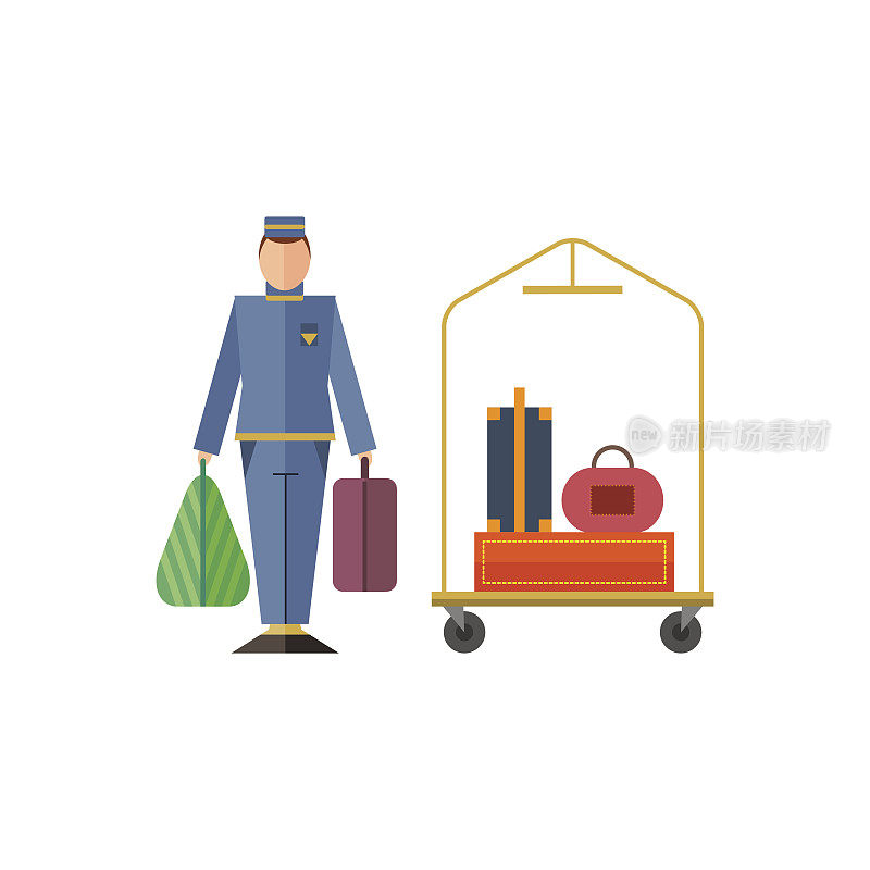 酒店工作人员:行李员，手提箱，行李包，手推车。平面设计。
