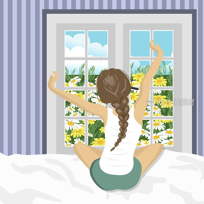 女人醒来后在床上伸懒腰。假日和假期的概念。夏天的风景。平面向量插图