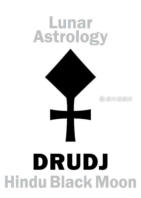 占星字母表:DRUDJ(黑月亮)，月亮轨道点在印度占星学。象形文字符号(单符号)。