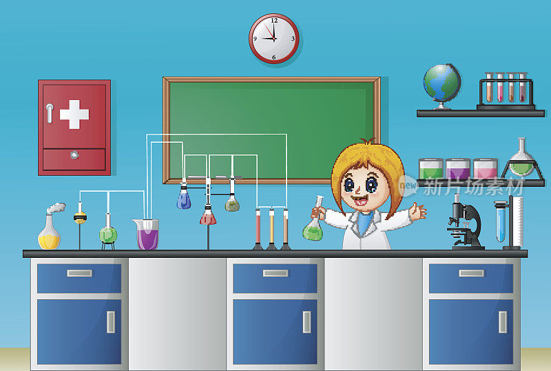 卡通女孩在实验室做化学实验