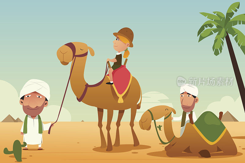 沙漠中骑骆驼的女游客