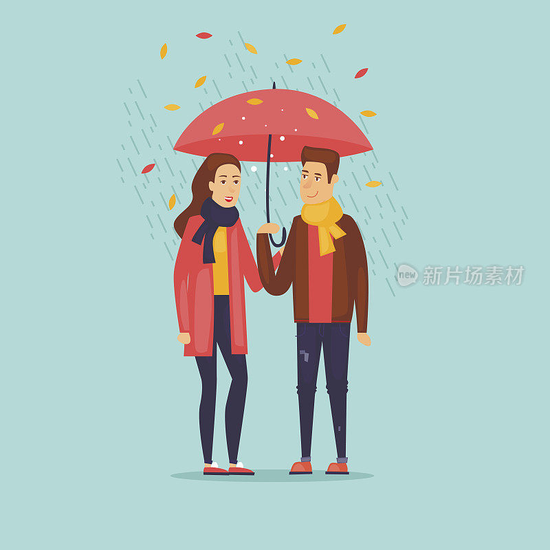 秋夫妇撑着伞在雨中。平面设计矢量插图。