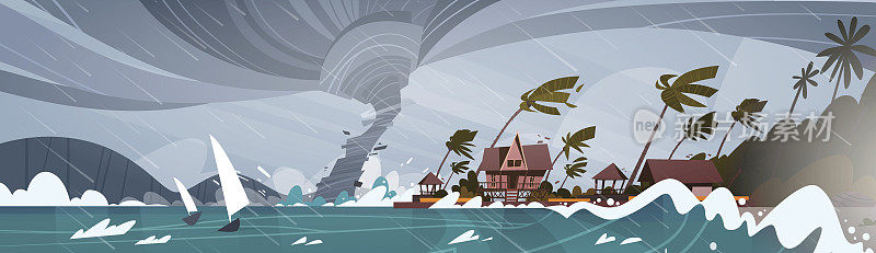 来自海洋飓风的龙卷风海岸房屋的巨浪热带自然灾害概念