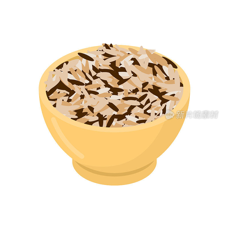 菰米在木碗中孤立。木碟中的格栅。白色背景上的纹理。矢量图