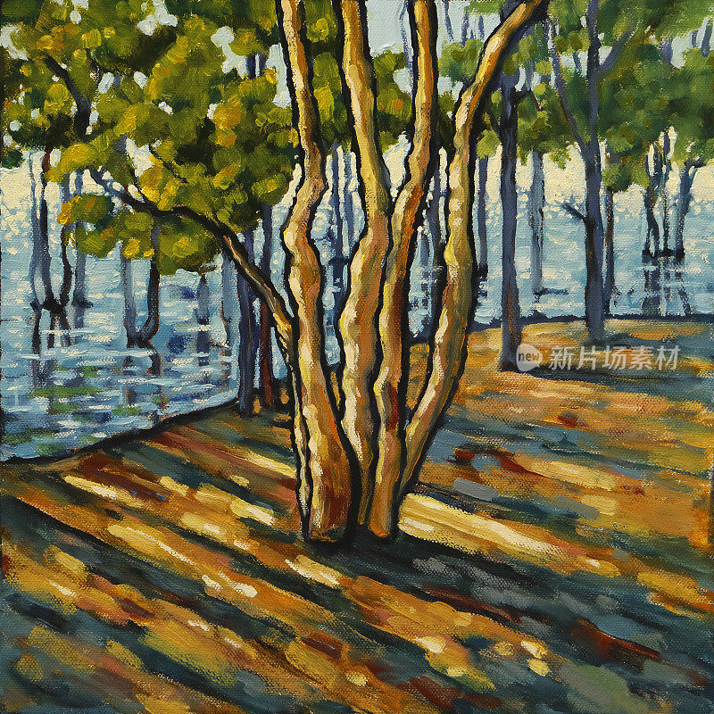 湿地里的一棵金合欢树的油画