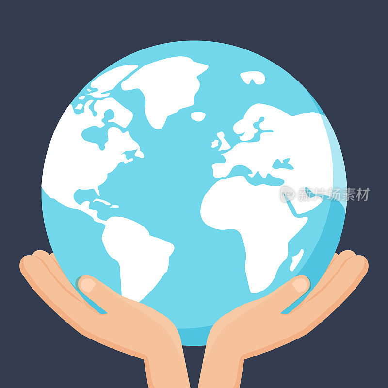 双手握住地球。行星保健概念。地球图标孤立在深蓝色的背景上。插图