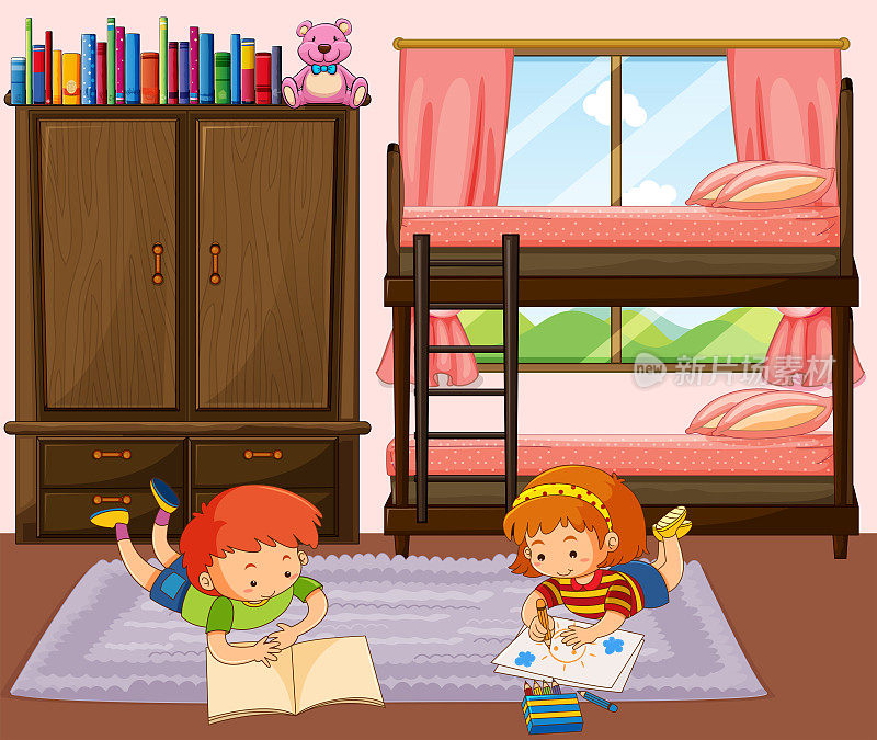 男孩和女孩在卧室里看书