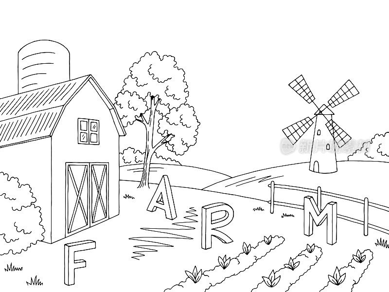 农田图形黑白景观素描插图矢量
