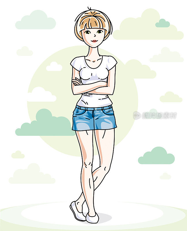 美丽的年轻的金发女人站在蓝天白云的背景，穿着时尚的休闲衣服。矢量插图。