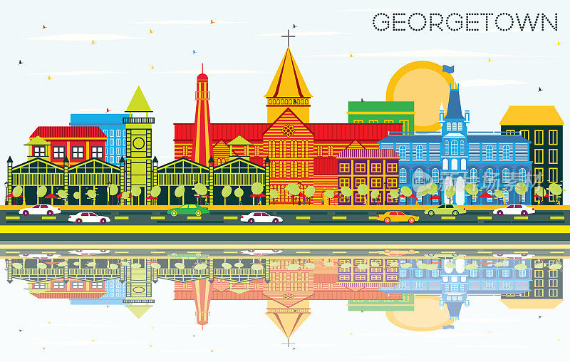 乔治敦城市天际线与彩色建筑，蓝天和反射。
