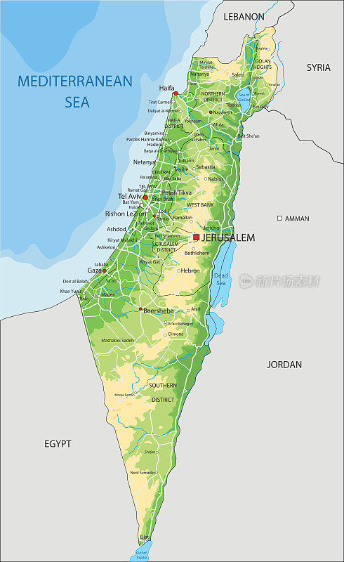高详细的以色列物理地图与标签。