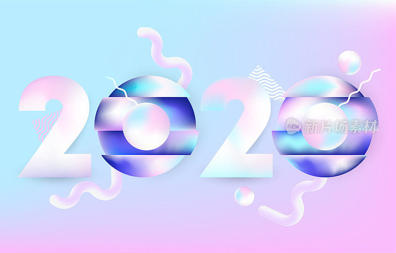 2020年新年背景与3d几何形状，彩色抽象设计2020年新年贺卡