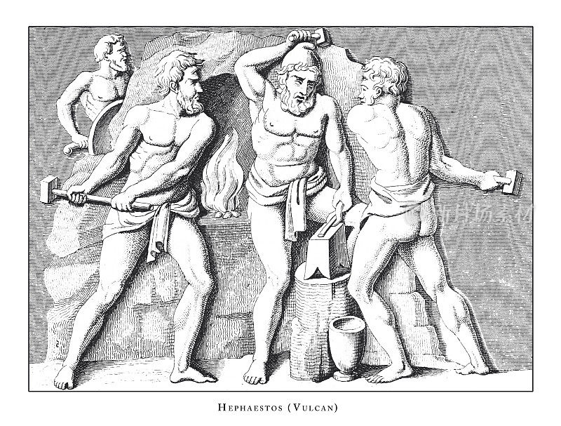 赫菲斯托斯(火神)，神和神话人物雕刻古董插图，出版于1851年