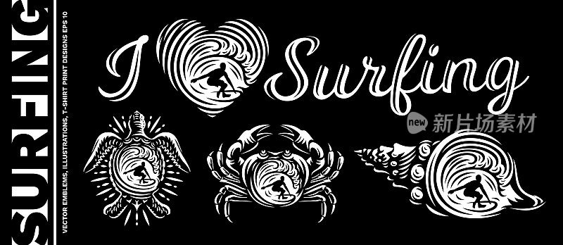 冲浪矢量标志，插图，t恤设计在黑暗的背景