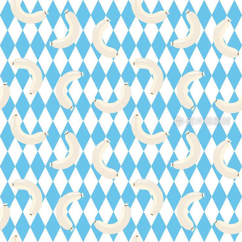 无缝啤酒节白色香肠Wei?wurst插图图案与巴伐利亚旗背景