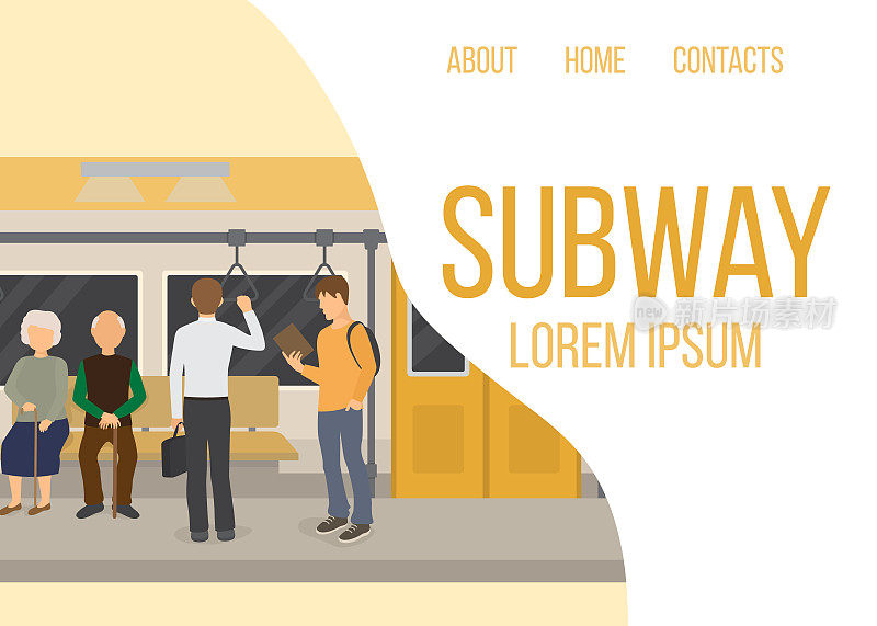 地铁里面有人，老夫妇和人矢量网模板。地铁和火车内部。城市地铁。地铁和地铁站乘客的插图。