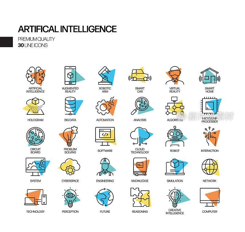 简单的一组人工智能相关聚光灯向量线图标。大纲符号集合。
