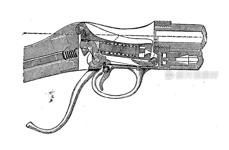 古董插图:武器枪步枪扳机部分